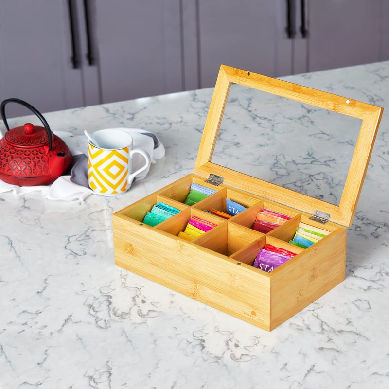 RoyalHouse Big Natural Bamboo Tea Storage Organizer with Clear Acrylic Top Window, 8 Compartments Eco-Friendly Tea Bag Holder, Multi-Functional Storage Box - Image 5